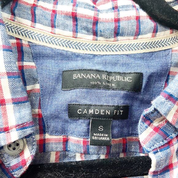 Banana Republic Small Mens Red Blue Checkered Linen Button Down Shirt - Picture 3 of 5
